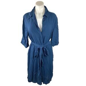Mango MNG Blue Button Down Half Sleeve Tie Waist Belt Collar Shirt Dress Size L